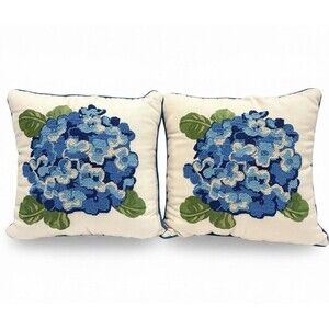 Set of 2 Pier 1 Imports Embroidered Hydrangea Pillows 15 X 15 Blue Floral
